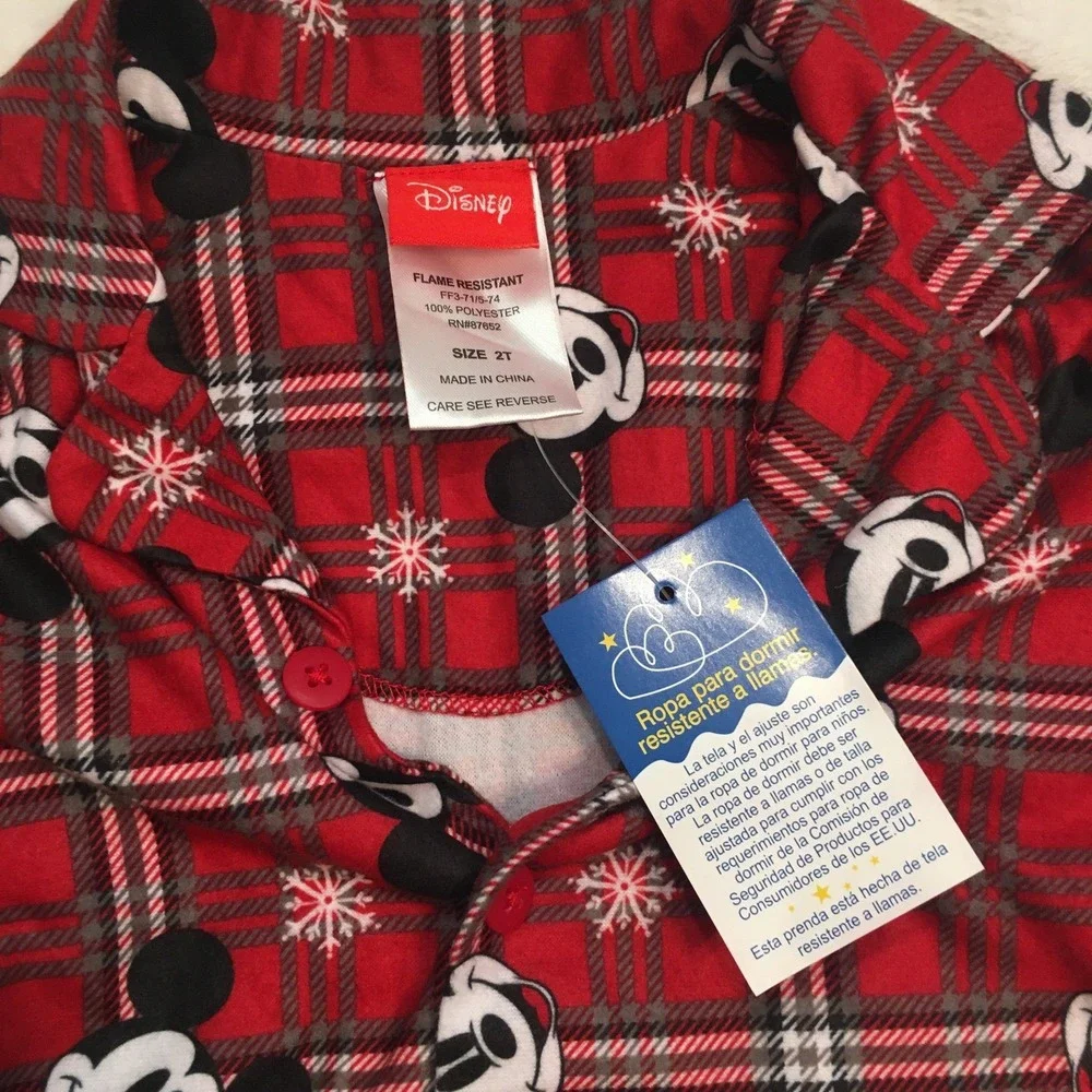 Disney Pajama Set Toddler 2T Red NWT Mickey Mouse Plaid Fleece Button Down 2pc
